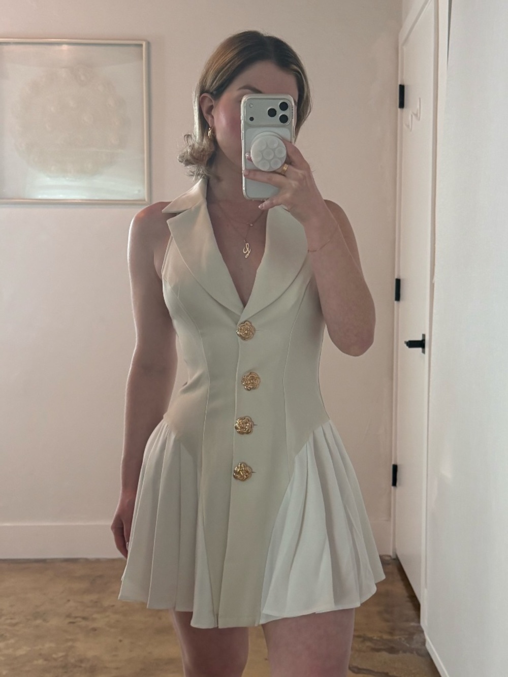 Ivory Sleeveless Blazer Mini Dress with Gold Buttons